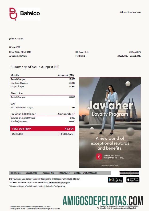 Em branco modelo de conta de serviços públicos Bahrain Batelco em formatos Word e PDF